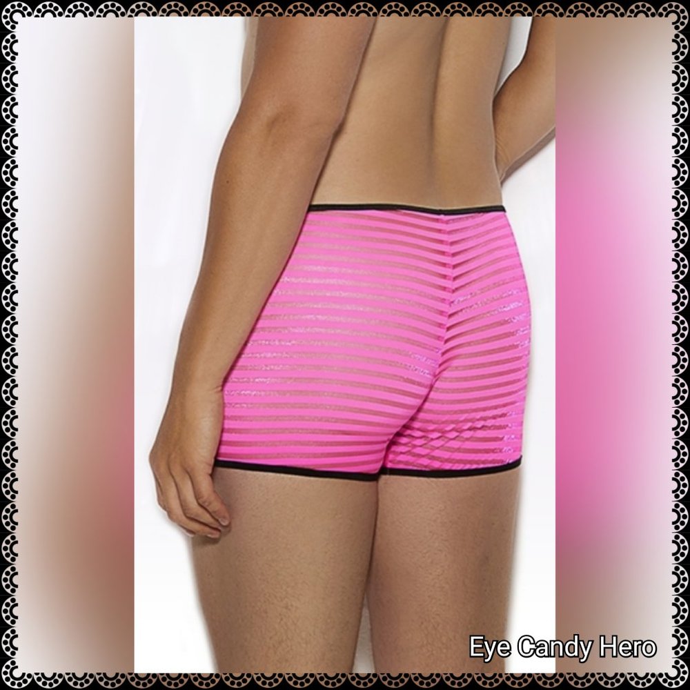 🆕💗Neon Pink Mesh Striped Boxer Briefs/ Men's Lingerie - Picture 2 of 3